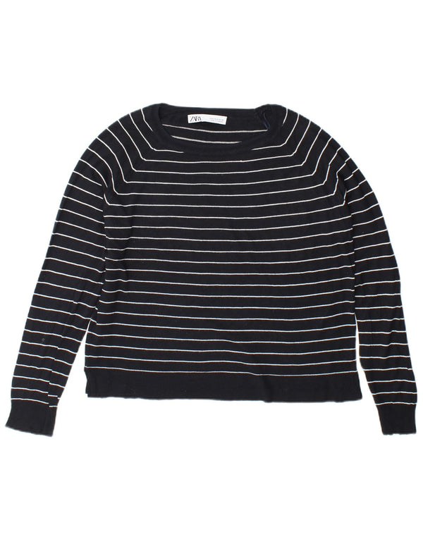 Zara Womens Crop Boat Neck Jumper Sweater UK 10 Small Navy Blue Striped