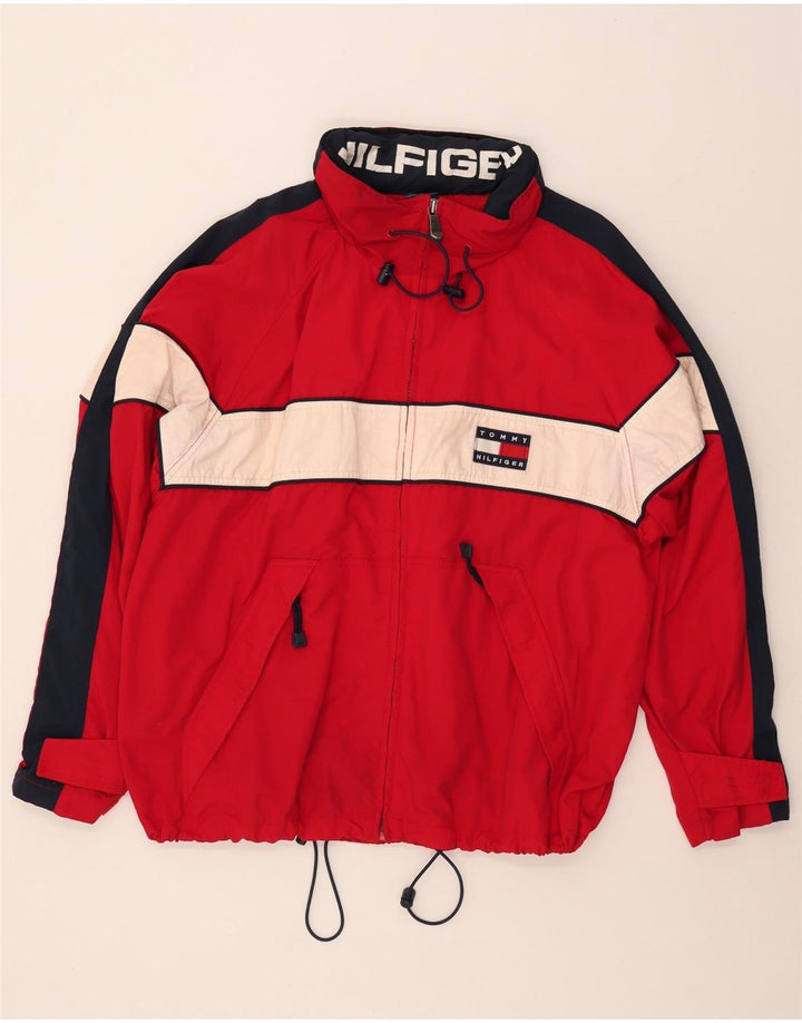Tommy Hilfiger Regnjakke med hætte til mænd UK 40 Stor Rød Colourblock Nylon