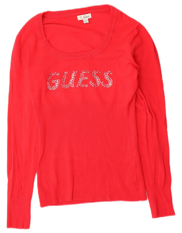 Guess Graphic Boat Neck Jumper Sweater UK 12 Medium Red Rayon