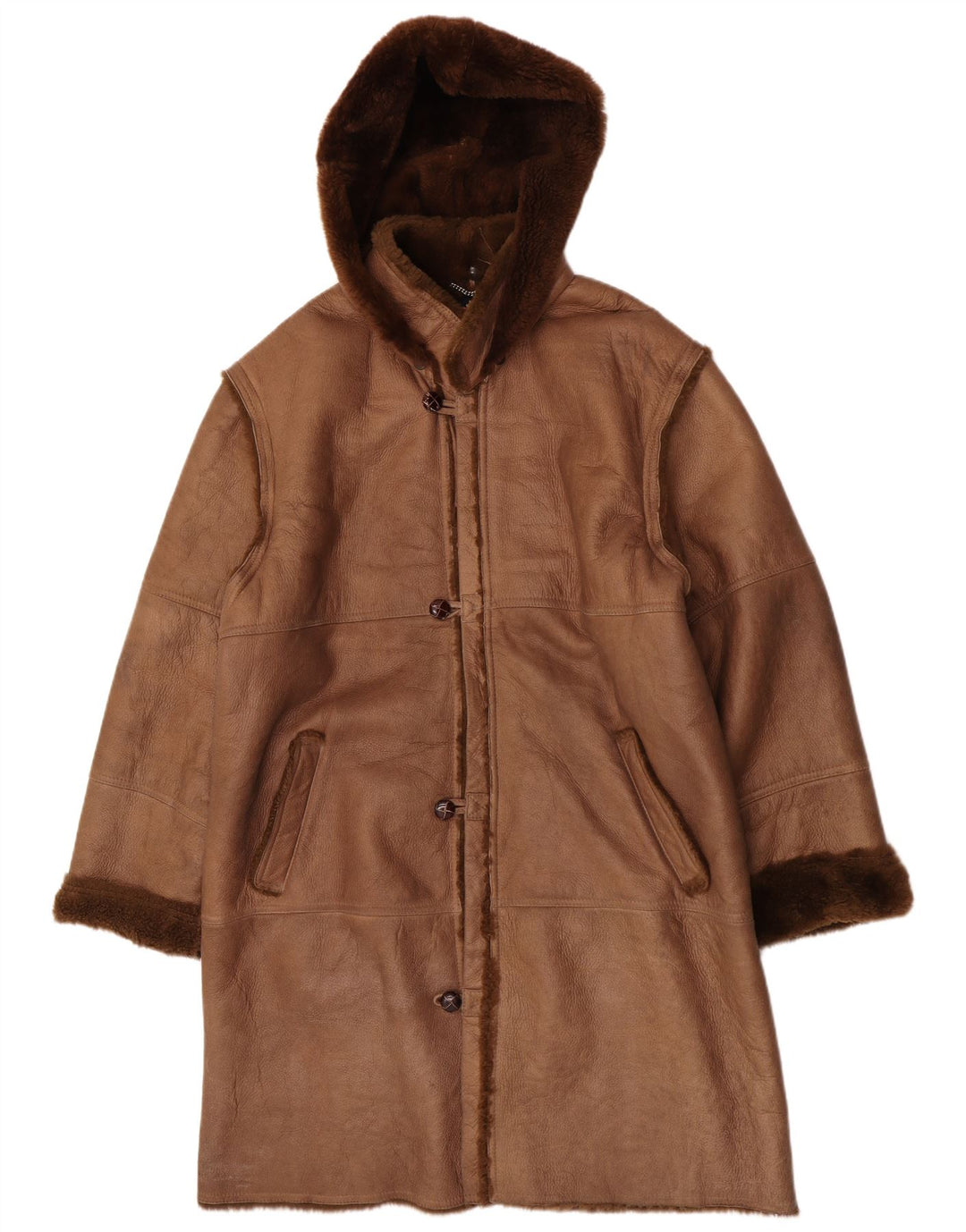 Coveri Shearling Overfrakke med hætte til mænd EU 54 2XL brunt læder