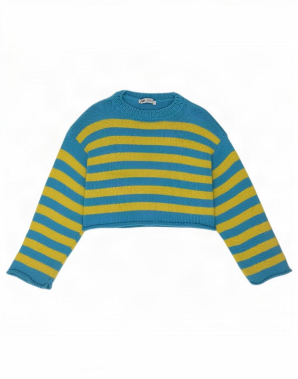 Zara Womens Crop Boat Neck Jumper Sweater UK 14 Medium Blue Striped Cotton