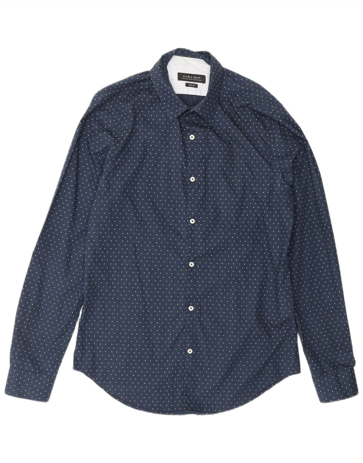 ZARA Mens Slim Fit Shirt Medium Navy Blue Spotted Cotton