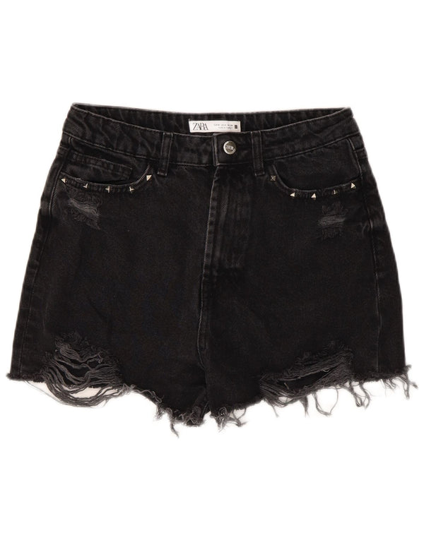 ZARA Womens Distressed Denim Shorts EU 38 Small W28 Black