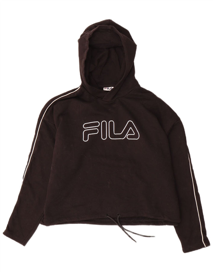 FILA Dame Oversized Crop Grafisk Hoodie Jumper UK 14 Medium Sort Bomuld