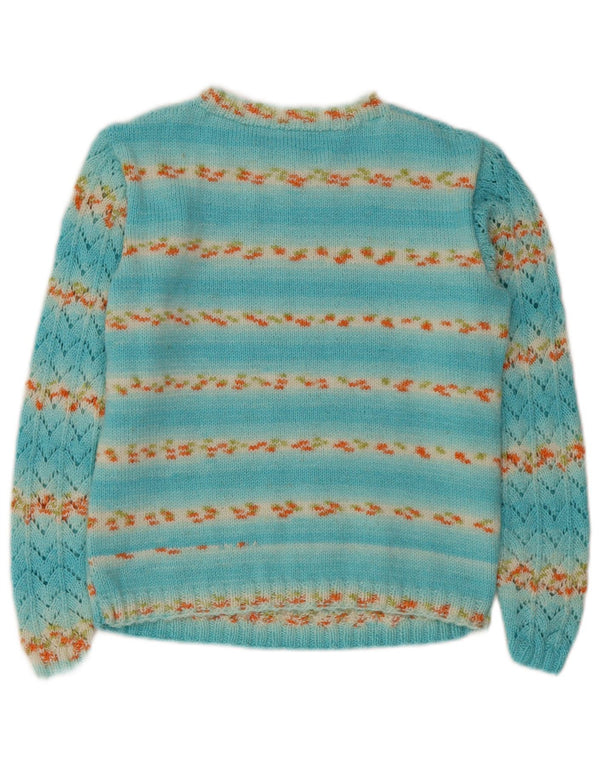 Vintage Dame Crop Boat Neck Jumper Sweater UK 10 Små turkis stribet