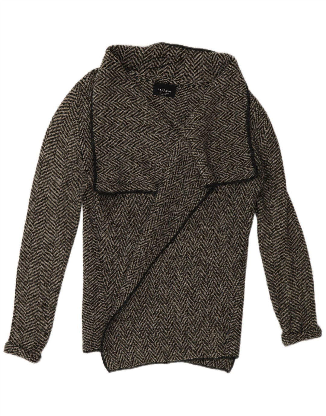 Zara Womens Open Cardigan Sweater UK 14 Medium Grey Herringbone Acryl