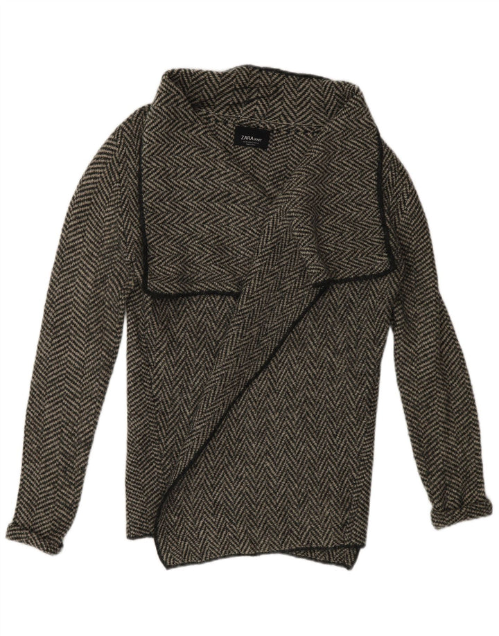 Zara Womens Open Cardigan Sweater UK 14 Medium Grey Herringbone Acryl