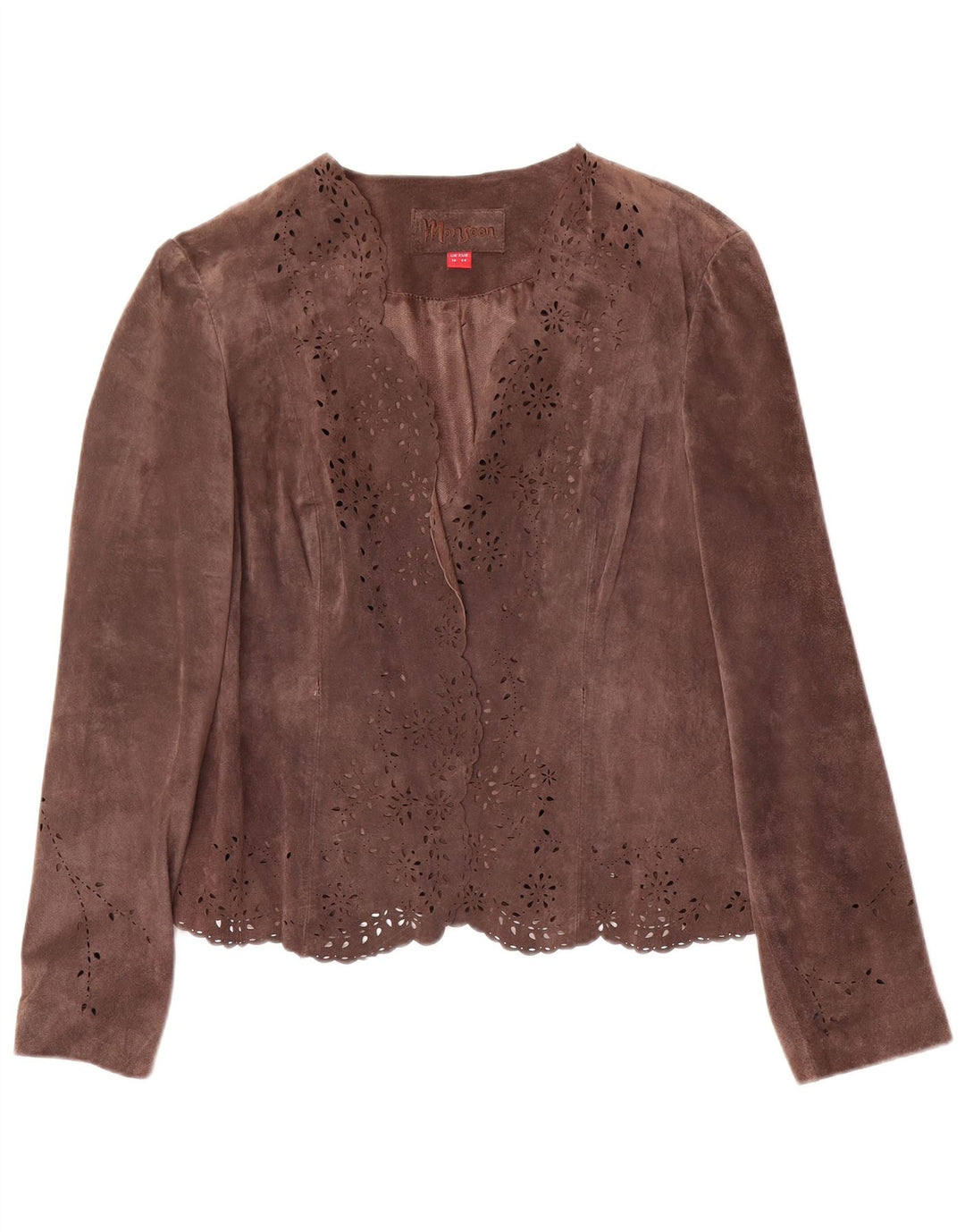 MONSOON Dame Open Ruskind Blazer Jacket UK 16 Stor Brun Læder