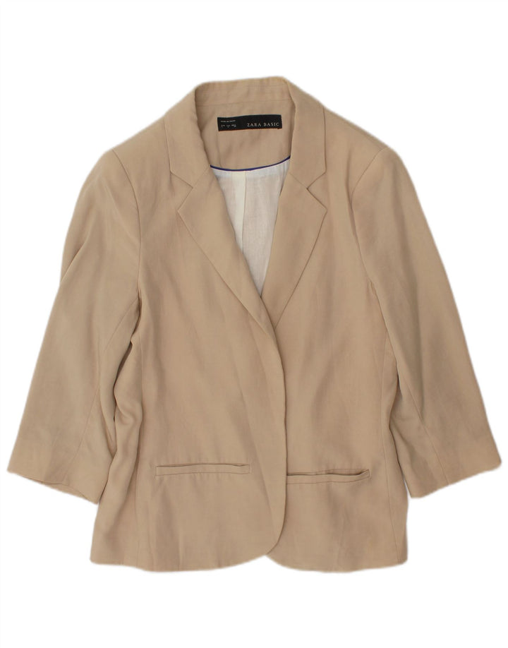 Zara Dame 3/4 ærmet åben blazerjakke UK 14 Stor beige bomuld