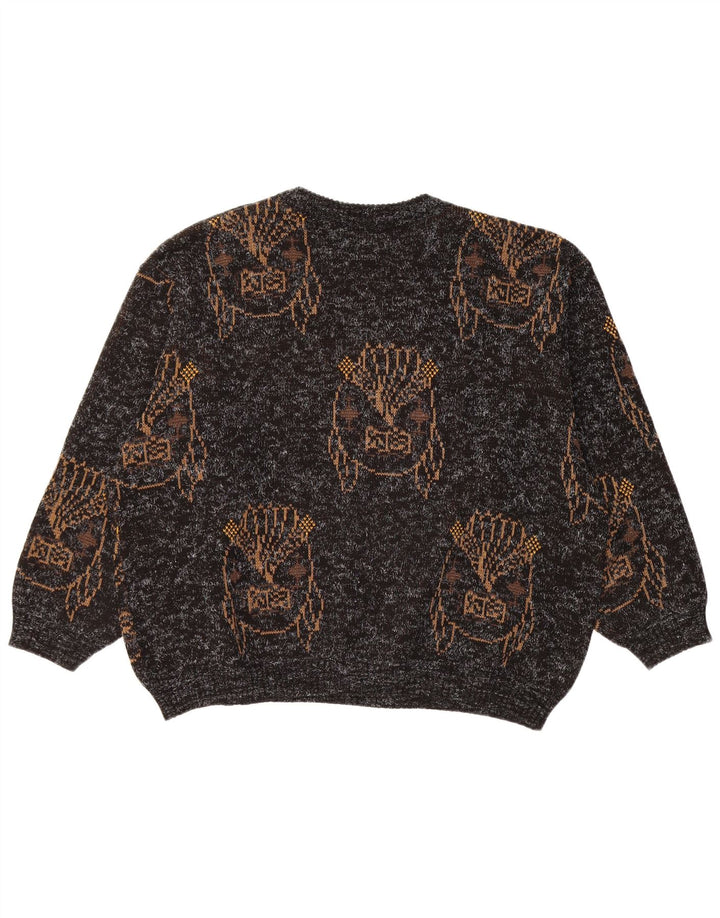 VINTAGE grafisk sweater med rund hals til kvinder UK 18 XL Sort Flecked