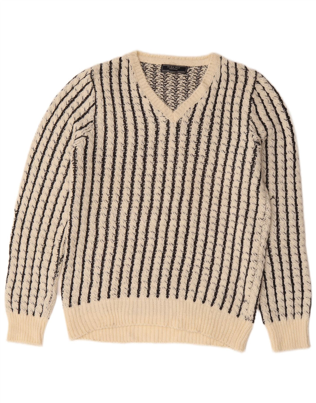 Zara Herre V-hals sweater Stor hvid stribet akryl