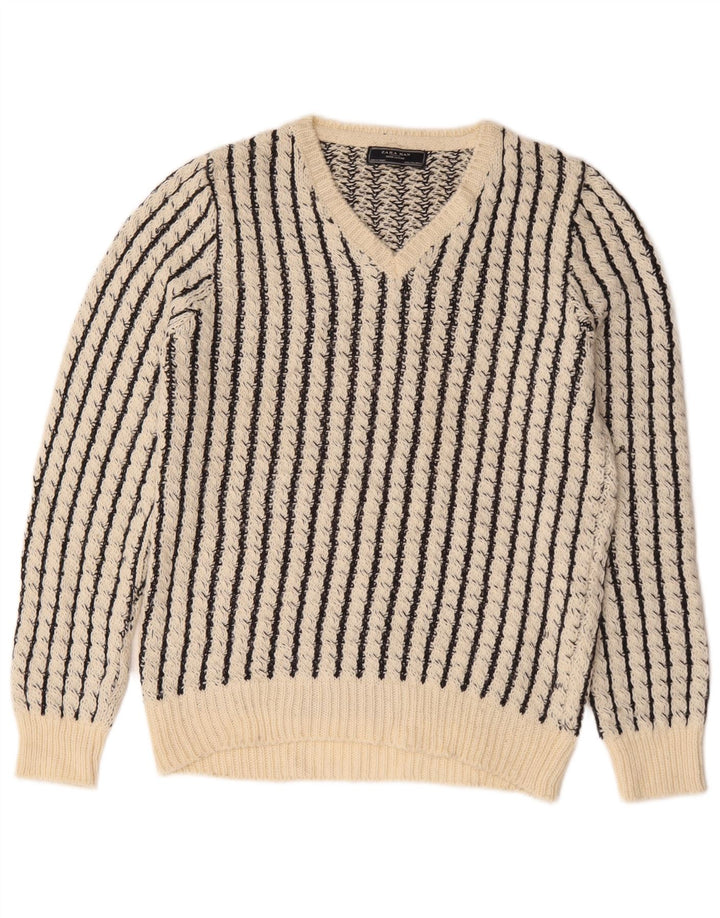 Zara Herre V-hals sweater Stor hvid stribet akryl