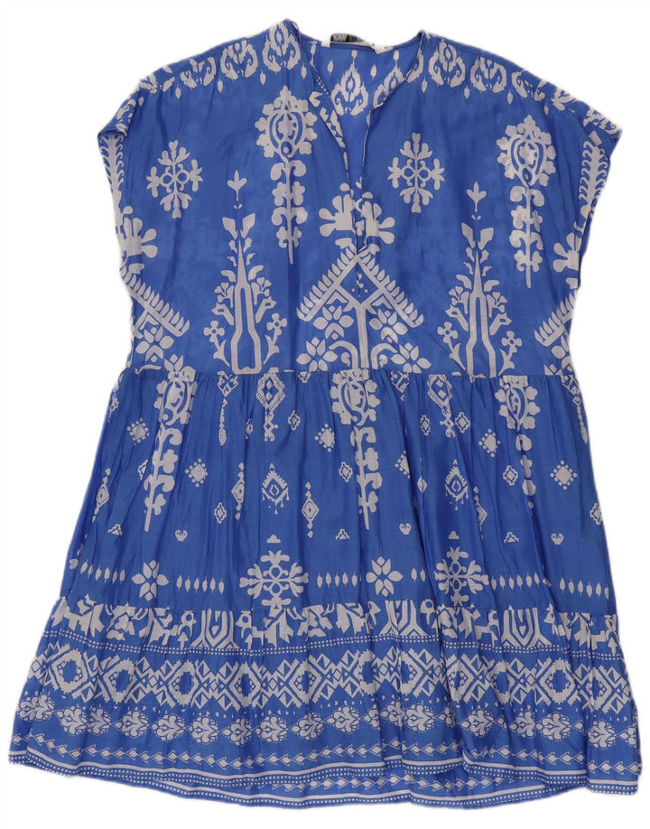 ZARA Kvinders Oversized A-Line Kjole UK 14 Medium Blue Fair Isle Cotton