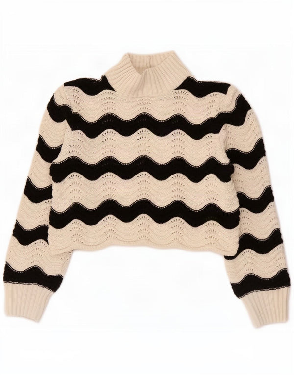 Zara Womens Crop Turtle Neck Jumper Sweater UK 10 Small White Chevron