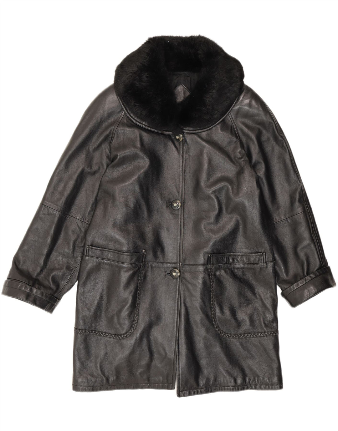 Vintage Dame Loose Fit Læderfrakke IT 42 Medium Sort Læder