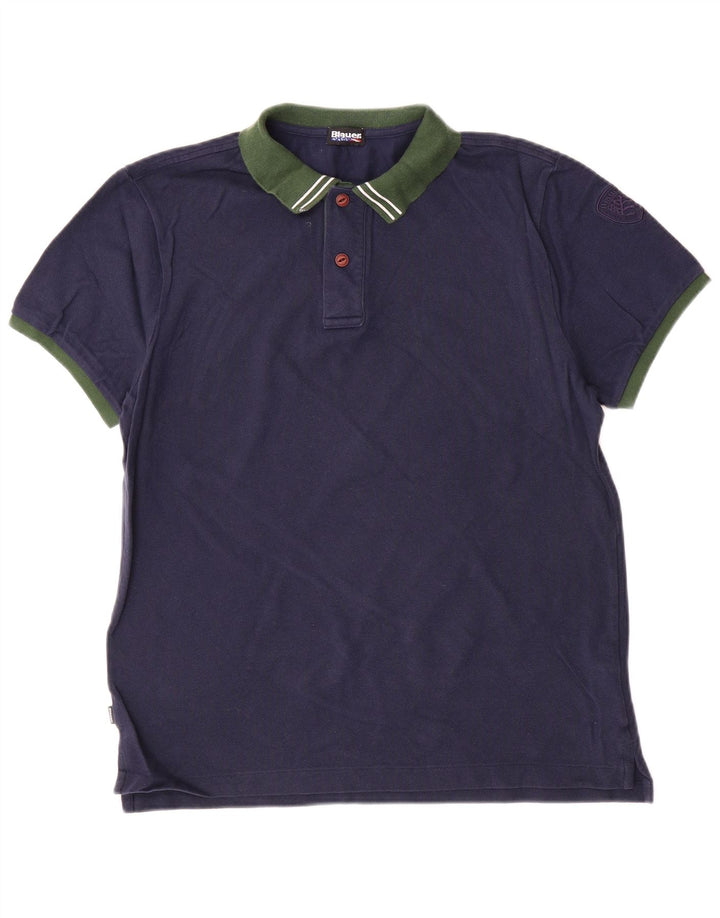Blauer Polo Shirt til mænd Large Navy Blue Colourblock Bomuld