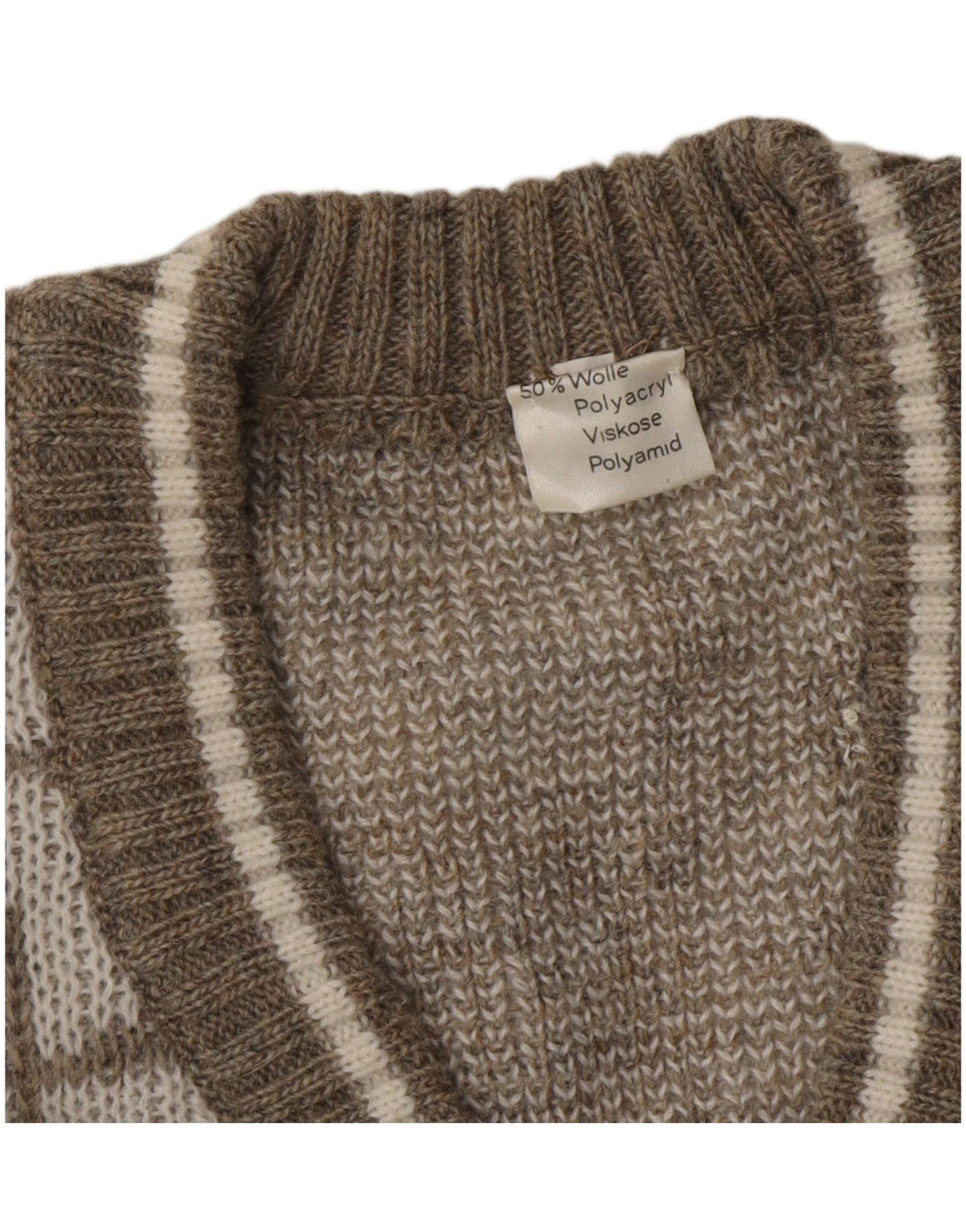 VINTAGE Mens V-Neck Jumper Sweater XL Beige Geometric Wool