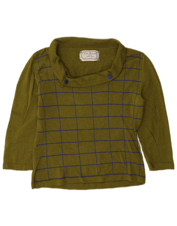 Vintage Dame 3/4 ærmer rullehals sweater UK 14 Medium Khaki Check