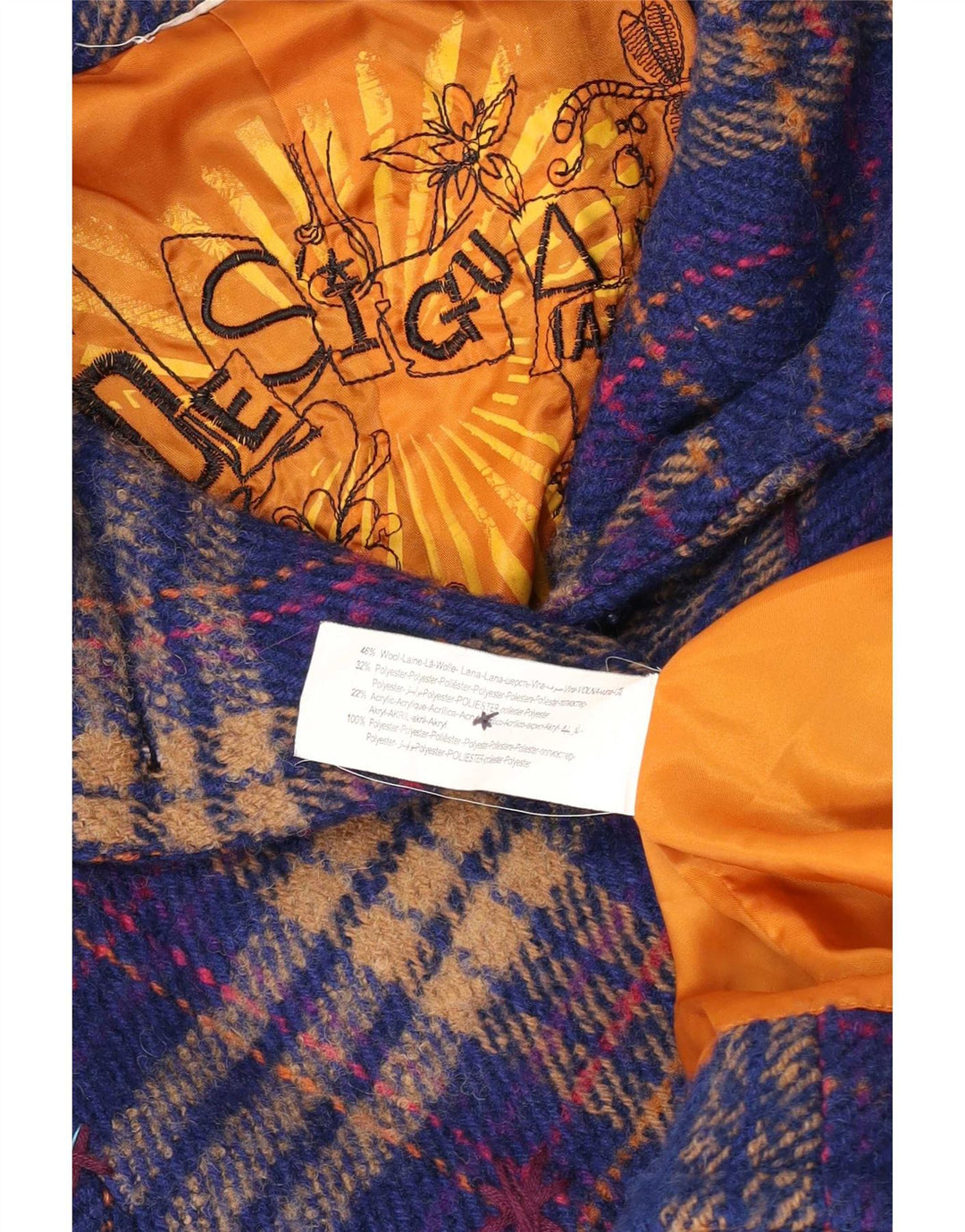 Desigual Dame Overfrakke UK 10 Small Blue Check Wool