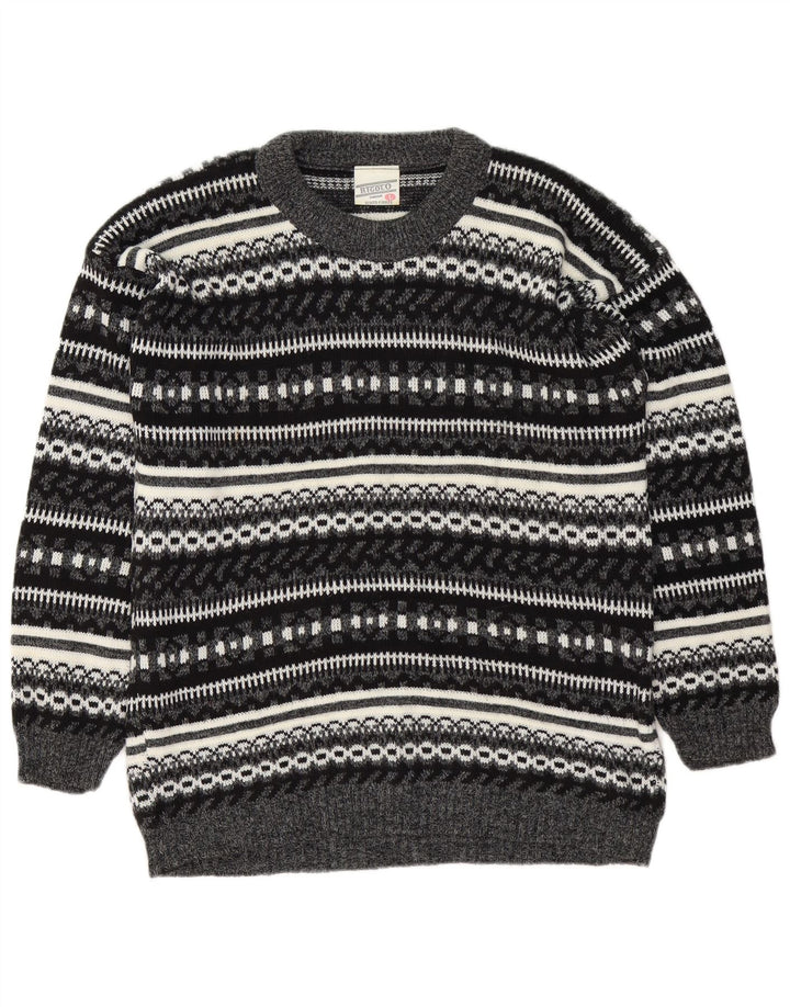 Vintage Herre Boat Neck Jumper Sweater Large Grey Fair Isle