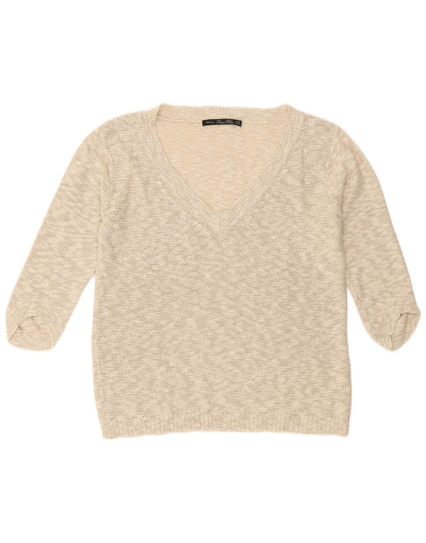Zara Dame 3/4-ærmet V-hals sweater UK 14 Medium Beige Bomuld