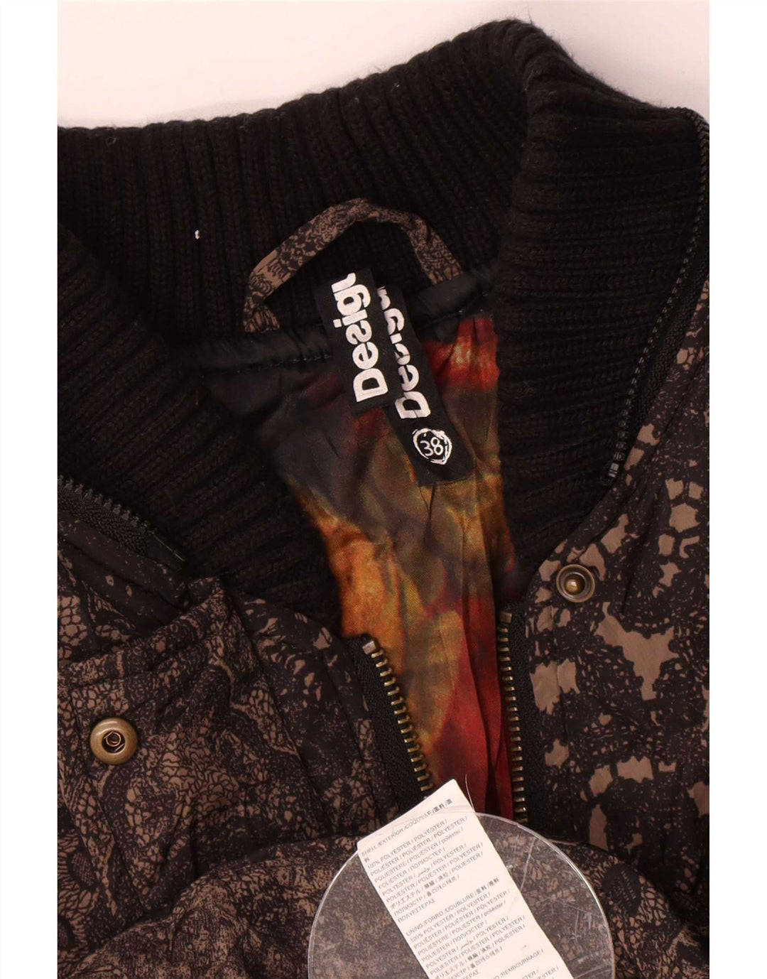 Desigual Dame grafisk polstret jakke EU 38 Medium Brun Paisley Polyester