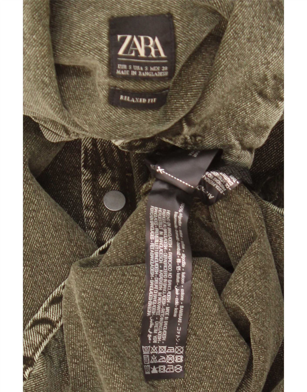 Zara Herre Distressed Relaxed Fit Denim Shirt Small Khaki Cotton