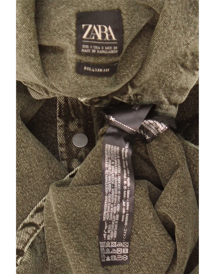 Zara Herre Distressed Relaxed Fit Denim Shirt Small Khaki Cotton