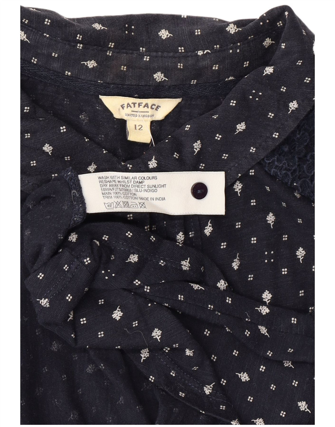 FAT FACE Dameskjortebluse UK 12 Medium Navyblå Blomsterbomuld
