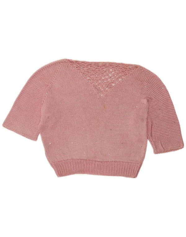 Vintage Kvinders Crop Boat Neck Jumper Sweater UK 14 Medium Pink Spotted