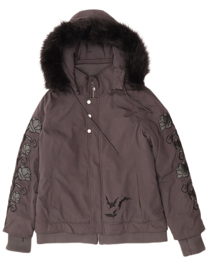Disney Dame Hooded Bomber Jacket UK 16 Large Grey Floral Polyester