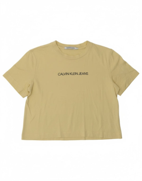 Calvin Klein Dame Crop Grafisk T-Shirt Top UK 14 Stor Gul Bomuld