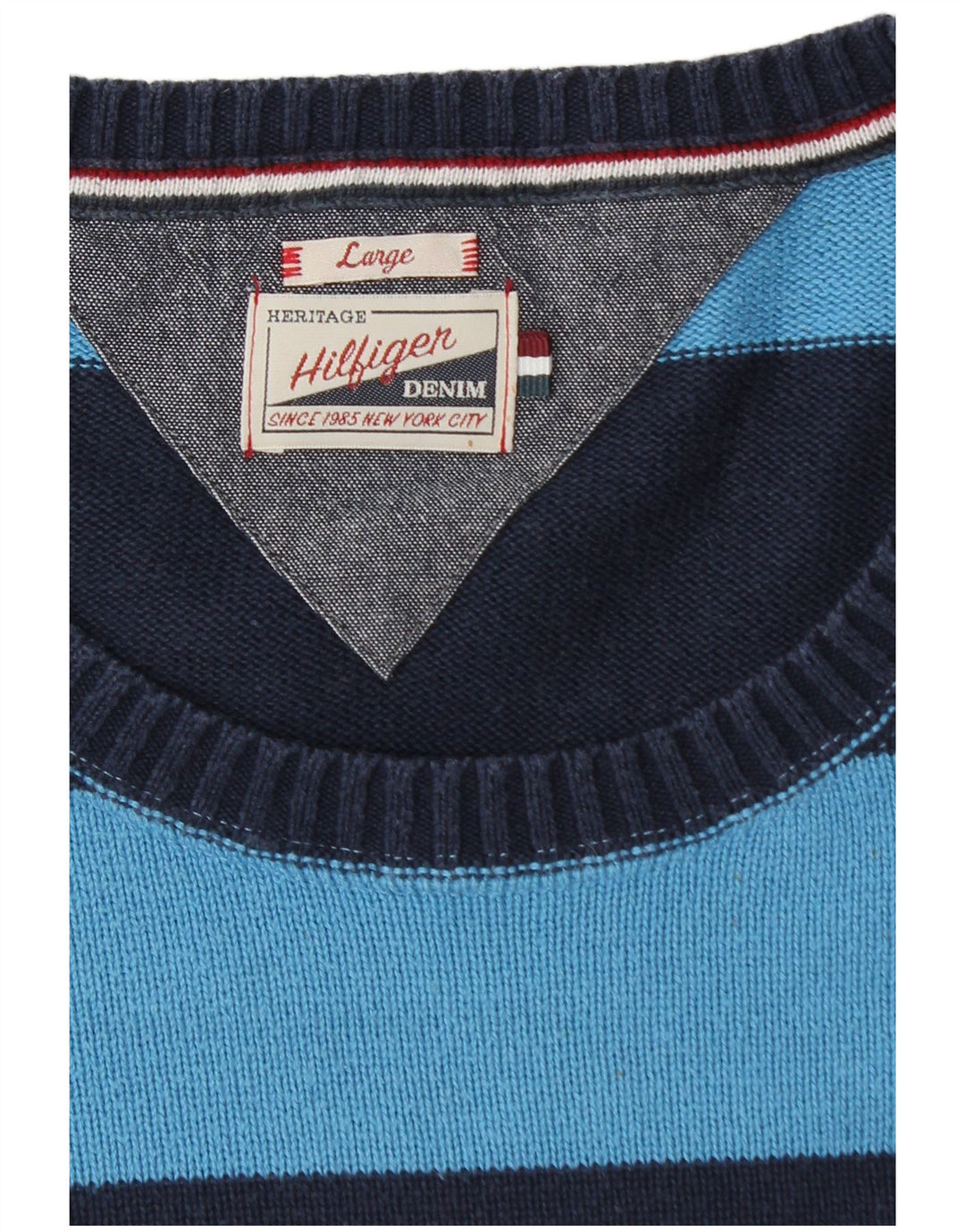 TOMMY HILFIGER Mens Crew Neck Jumper Sweater Large Navy Blue Striped
