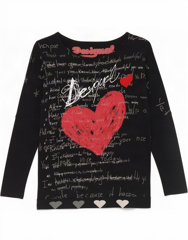 Desigual Dame Oversized Grafisk Top 3/4 ærmer UK 14 Medium Sort Viscose