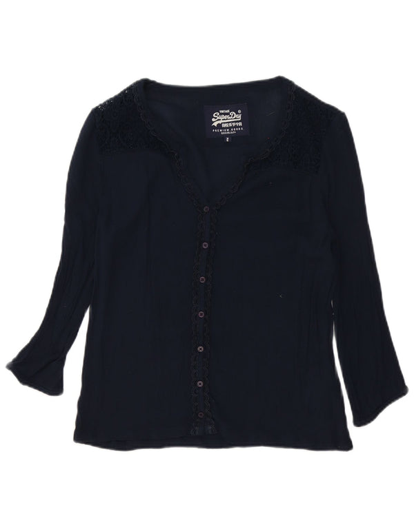 Superdry skjortebluse med 3/4 ærmer til kvinder UK 6 XS marineblå blomstret bomuld