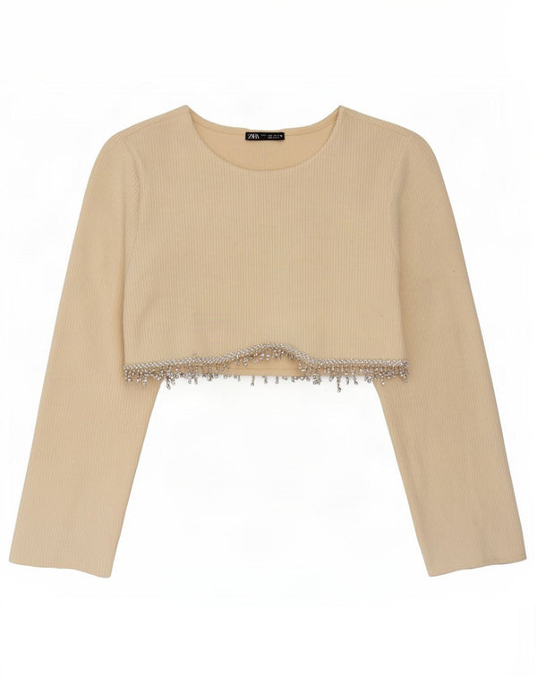 Zara Womens Crop Top Langærmet UK 10 Small Beige