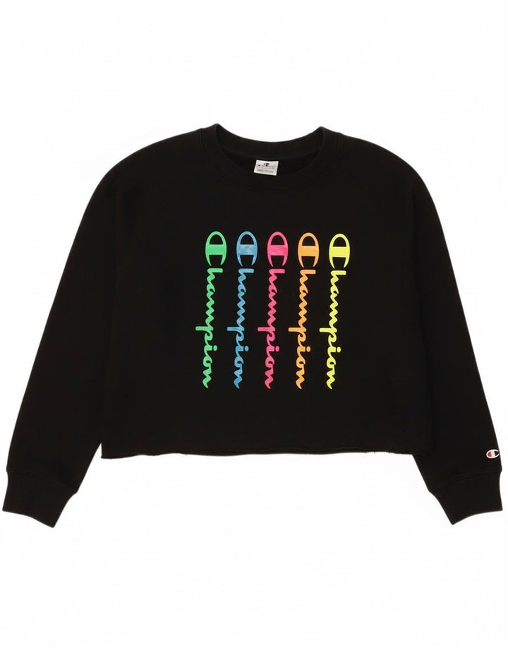 Champion Womens Crop Graphic Sweatshirt Jumper UK 14 Medium Black