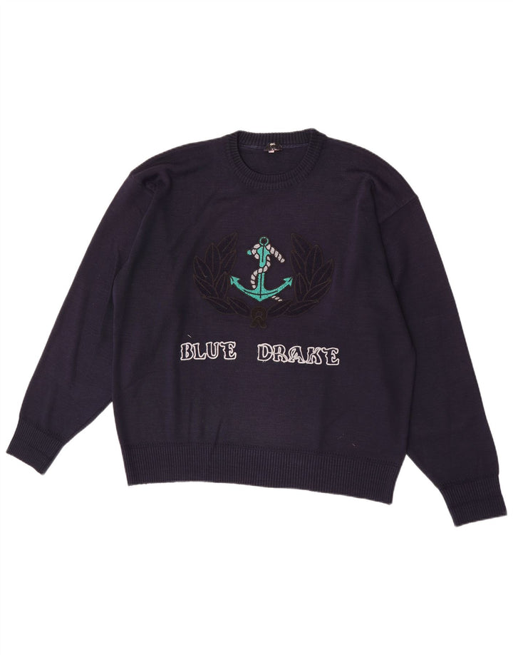 Blå Drake Herre grafisk rund hals sweater stor marineblå