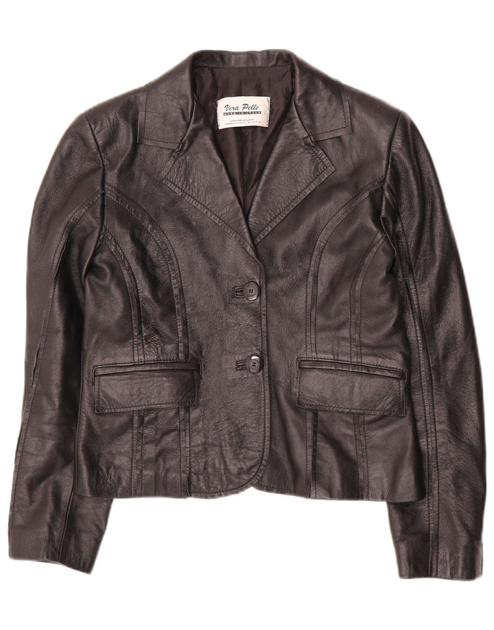 VINTAGE Dame Crop 2-knaps blazerjakke IT 42 Medium sort læder