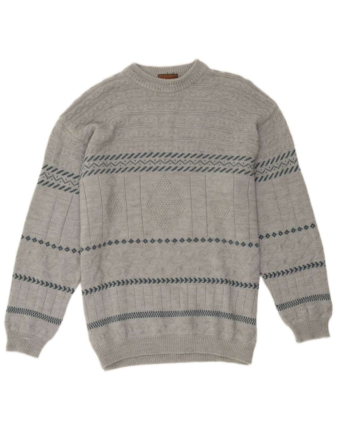 Vintage herre rund hals sweater stor grå geometrisk akryl
