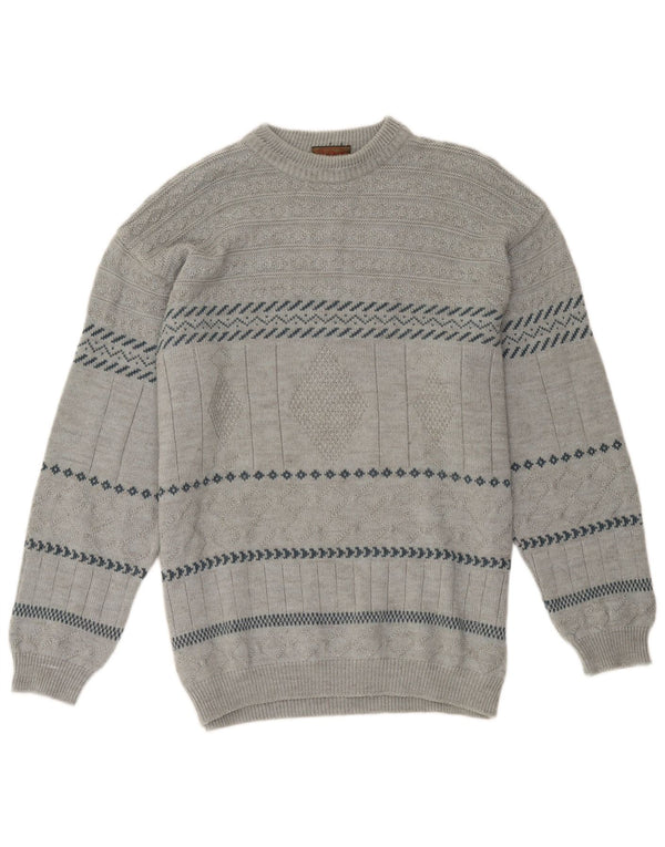 Vintage herre rund hals sweater stor grå geometrisk akryl