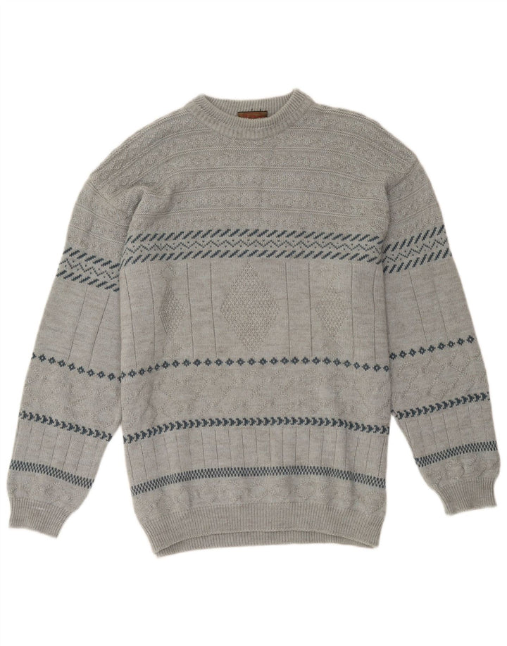 Vintage herre rund hals sweater stor grå geometrisk akryl