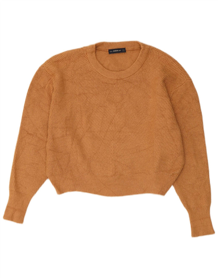 Zara Womens Crop Oversized Crew Neck Jumper Sweater UK 10 Small Brown