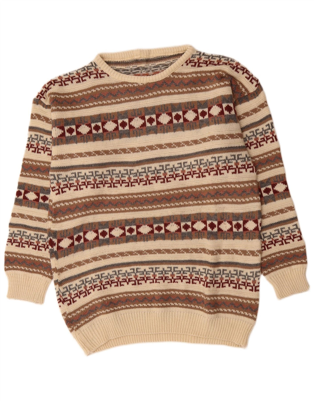 Vintage herre rund hals sweater medium flerfarvet geometrisk