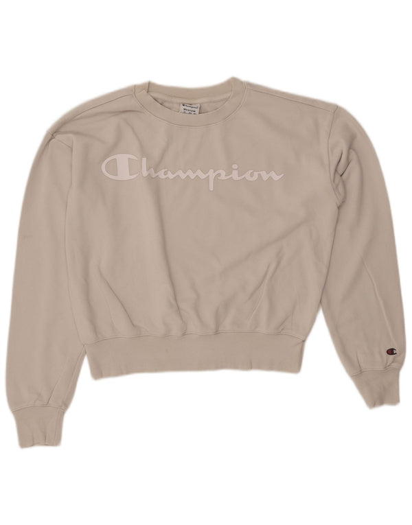 CHAMPION Dame Crop Graphic Sweatshirt Jumper UK 14 Medium Beige