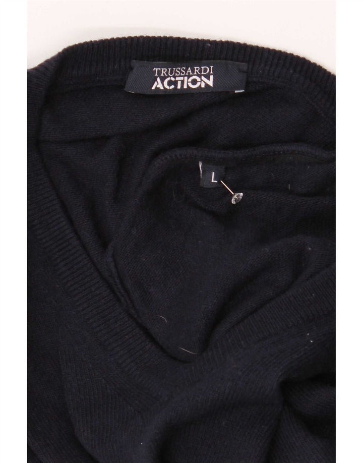 Trussardi Herre V-hals trøje Sweater Large Navy Blue Polyester