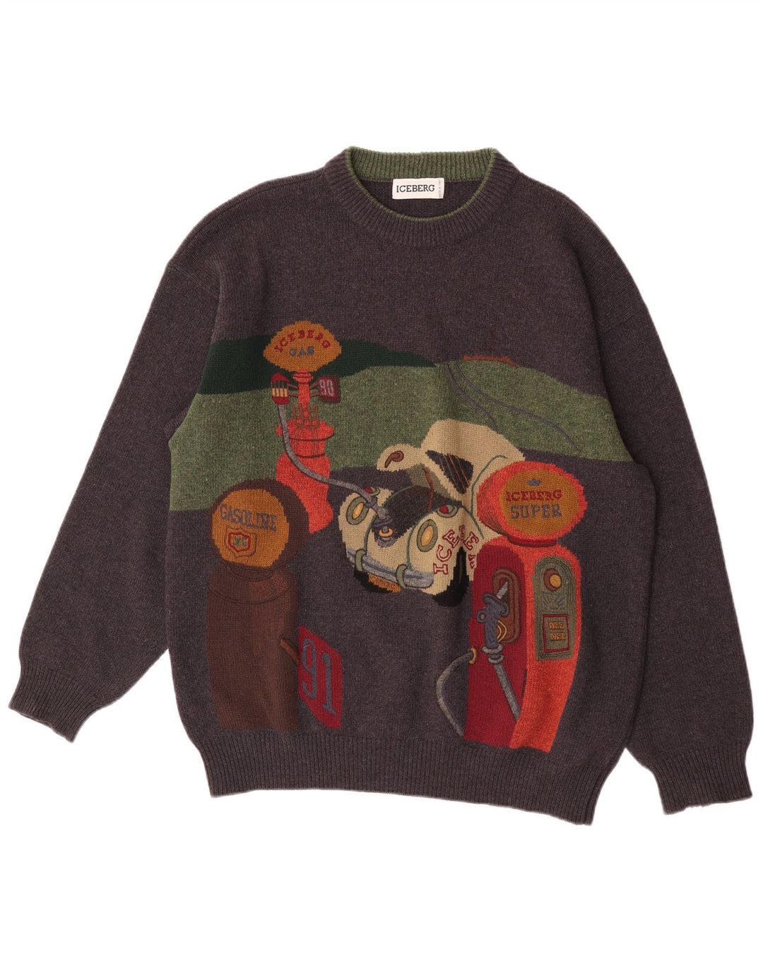 Iceberg Herre Grafisk Crew Neck Jumper Sweater XL Grå Uld Retro