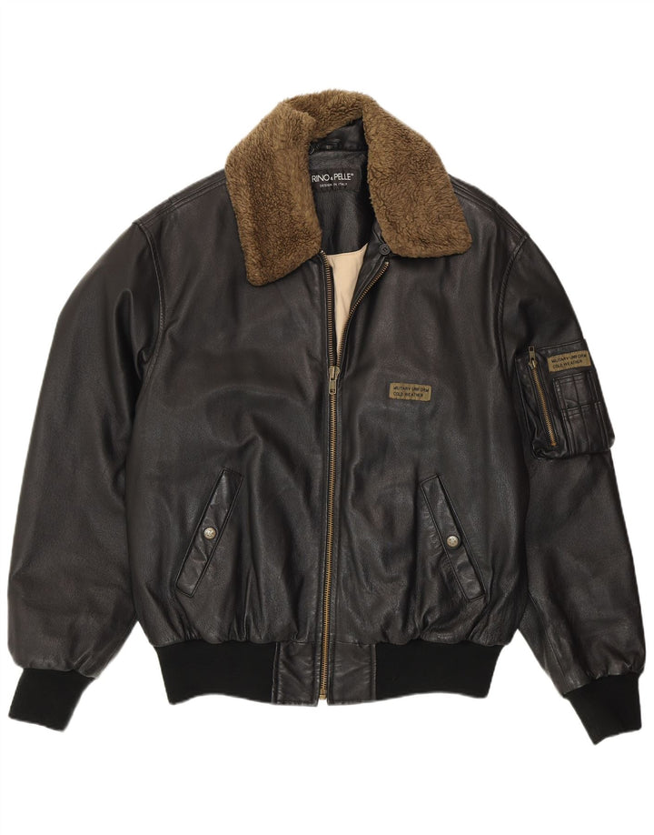 RINO & PELLE Herre Læder Flight Aviator Jacket IT 52 XL Sort Læder