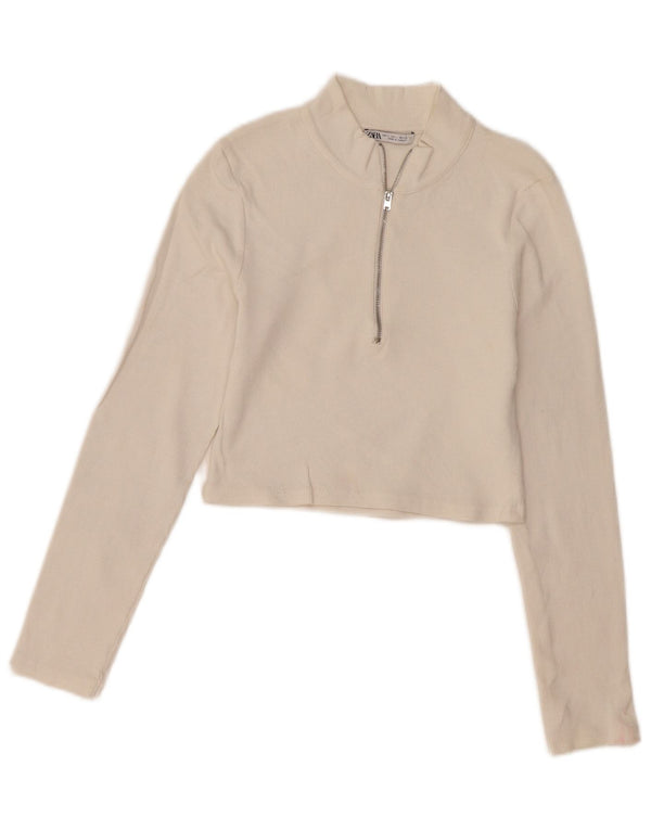 Zara Womens Crop Zip Neck Top Langærmet UK 14 Large White Bomuld