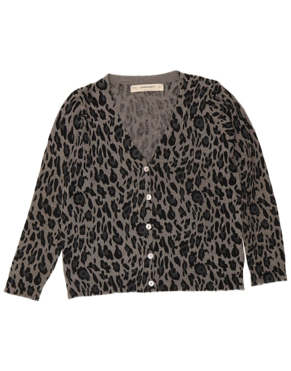 Zara Dame Cardigan Sweater UK 14 Large Grey Animal Print Viscose